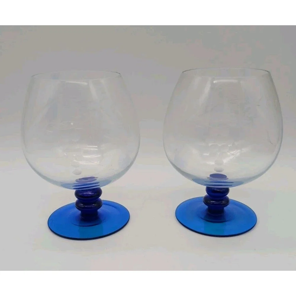 Vtg Luminarc France Ocean Blue Sapphire Cognac Snifters Engraved Grapes